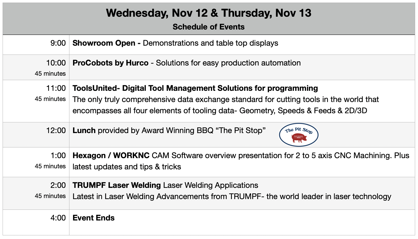 Schedule of Events